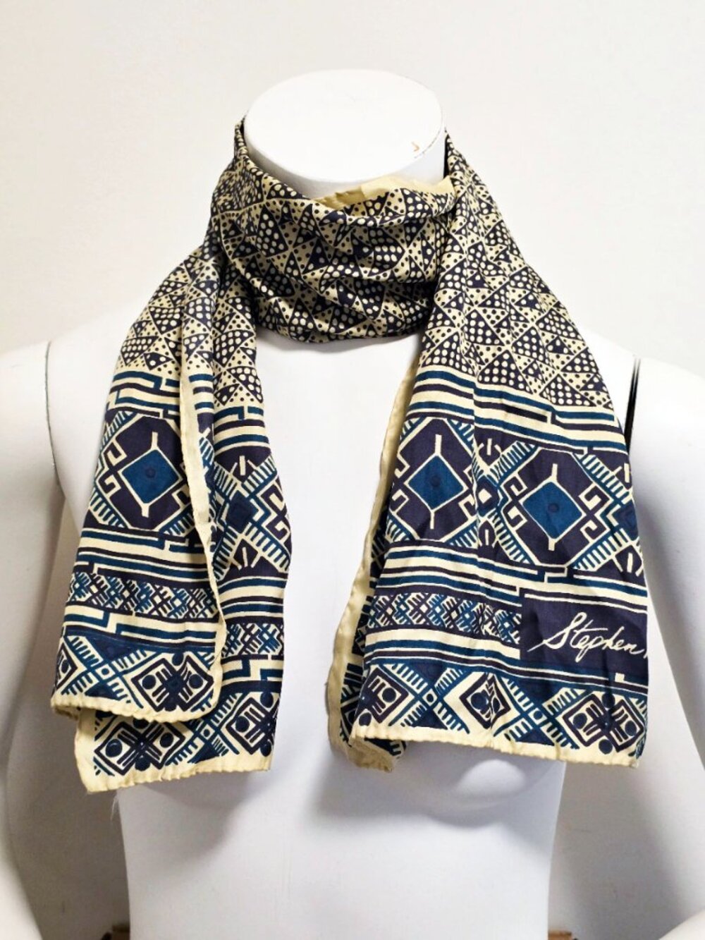 Vintage Stephen Burrows Silk Scarf Teal Blue Geometric Oblong 42x13 Signed